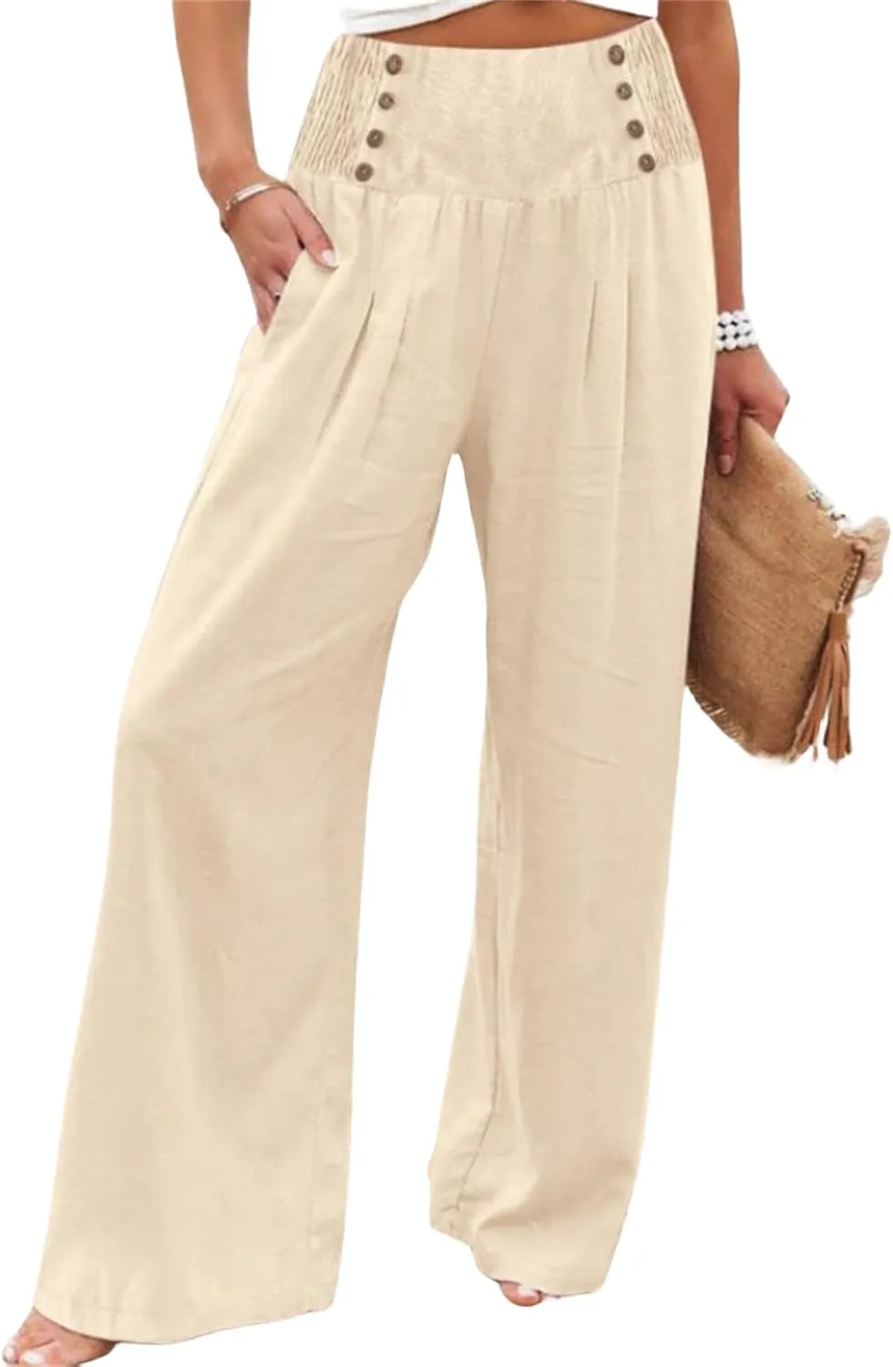 Women's Casual Long Palazzo Pants Cotton Linen Elastic High Waist Wide Leg Pant Loose Lounge Comfy Beach Trousers