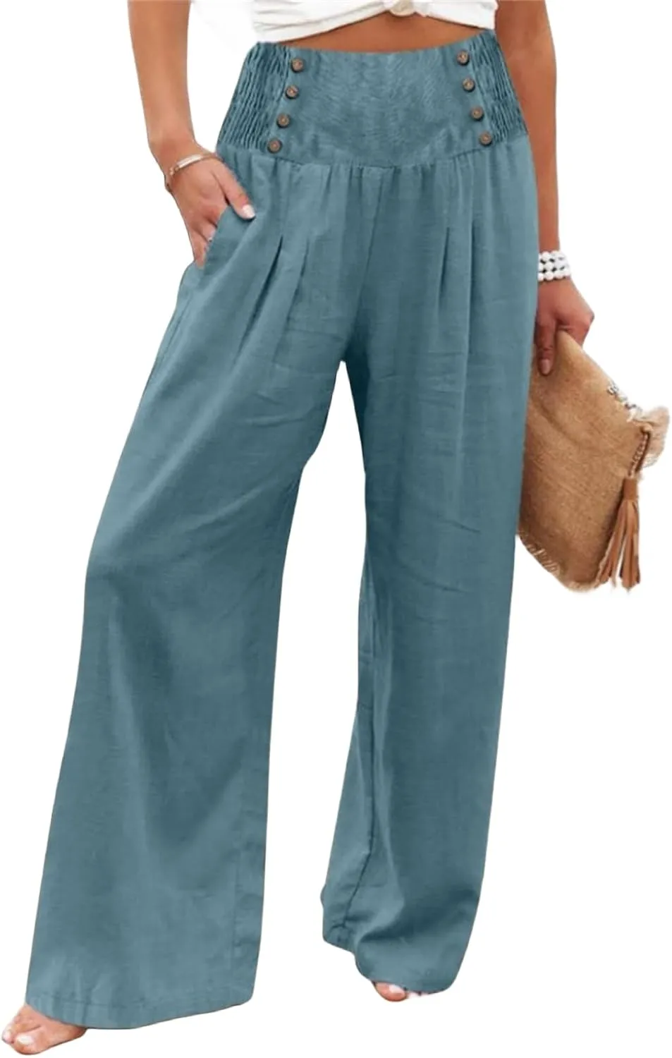 Women's Casual Long Palazzo Pants Cotton Linen Elastic High Waist Wide Leg Pant Loose Lounge Comfy Beach Trousers