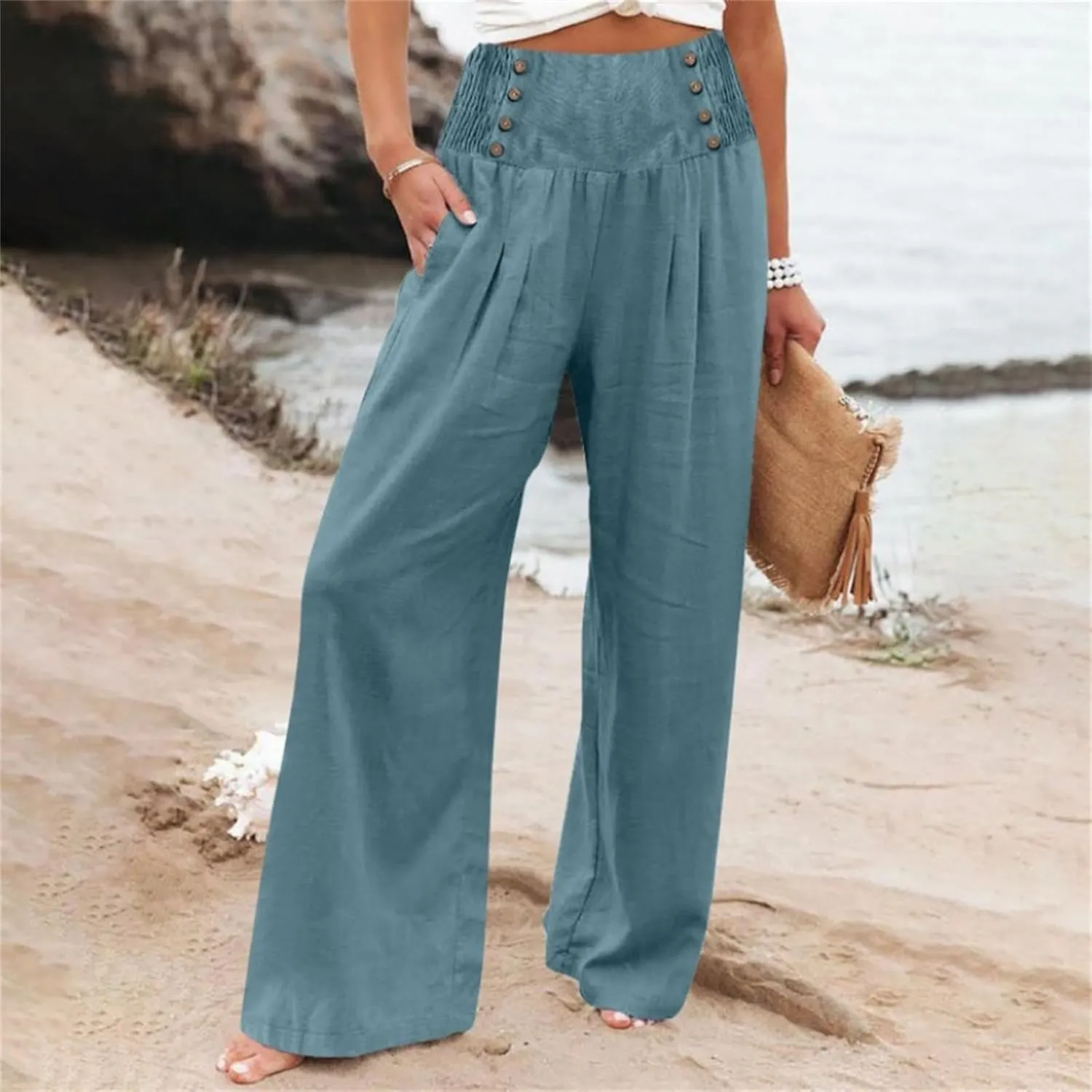 Women's Casual Long Palazzo Pants Cotton Linen Elastic High Waist Wide Leg Pant Loose Lounge Comfy Beach Trousers