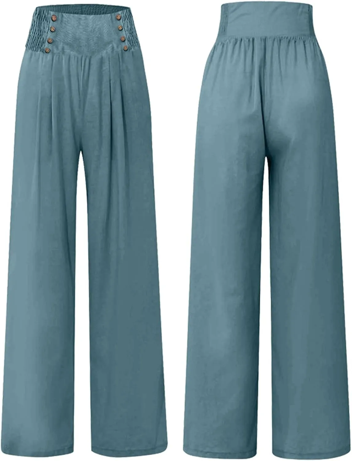 Women's Casual Long Palazzo Pants Cotton Linen Elastic High Waist Wide Leg Pant Loose Lounge Comfy Beach Trousers