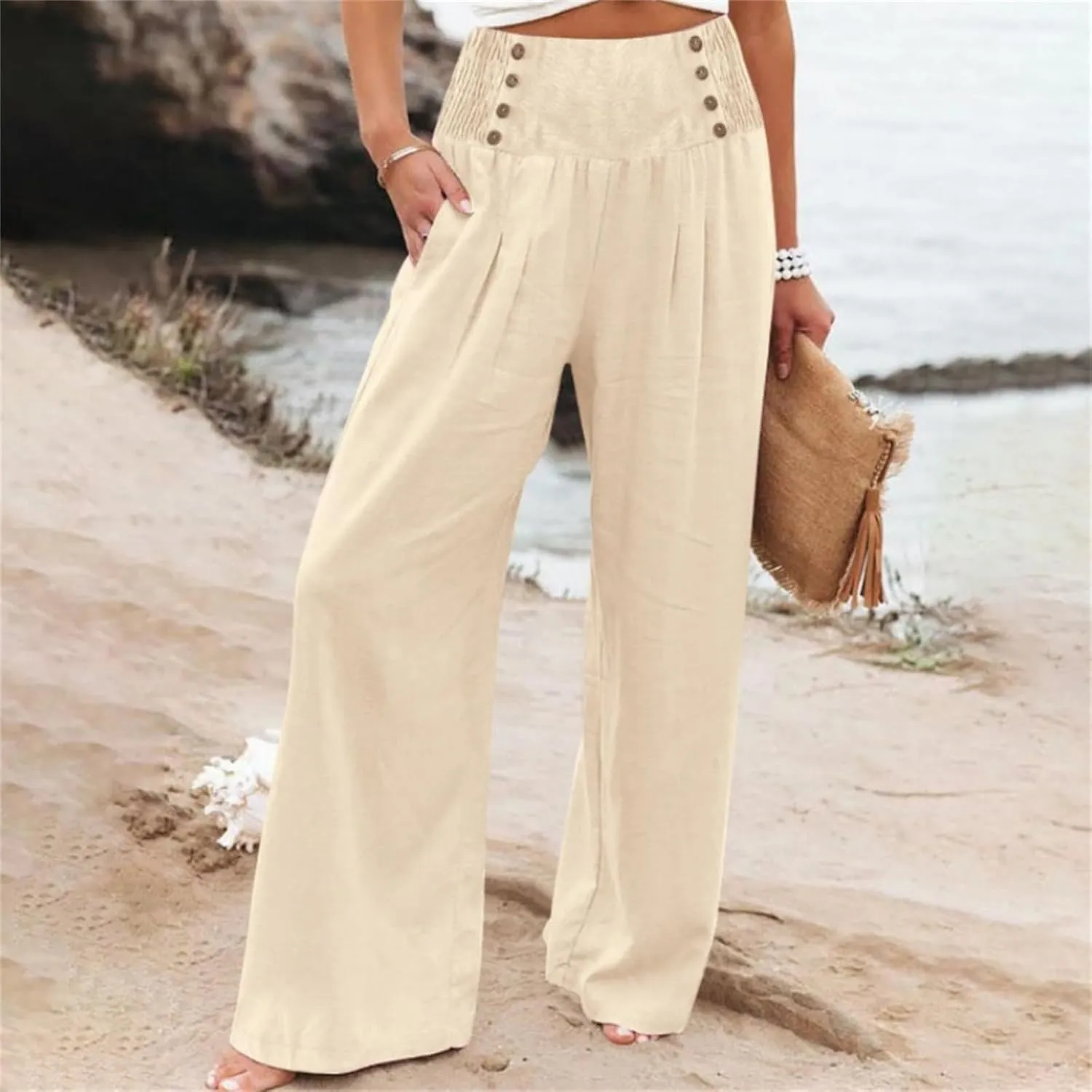 Women's Casual Long Palazzo Pants Cotton Linen Elastic High Waist Wide Leg Pant Loose Lounge Comfy Beach Trousers