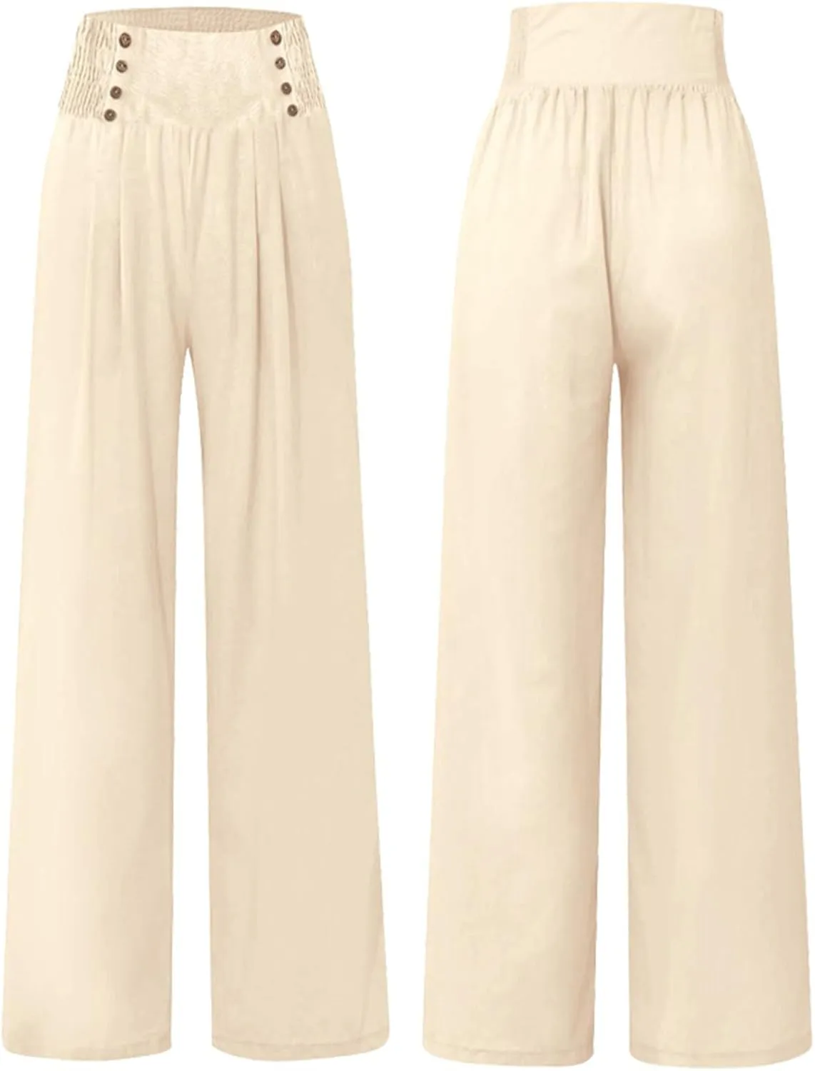 Women's Casual Long Palazzo Pants Cotton Linen Elastic High Waist Wide Leg Pant Loose Lounge Comfy Beach Trousers
