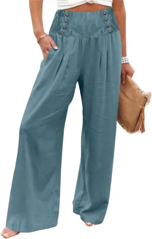 Women's Casual Long Palazzo Pants Cotton Linen Elastic High Waist Wide Leg Pant Loose Lounge Comfy Beach Trousers