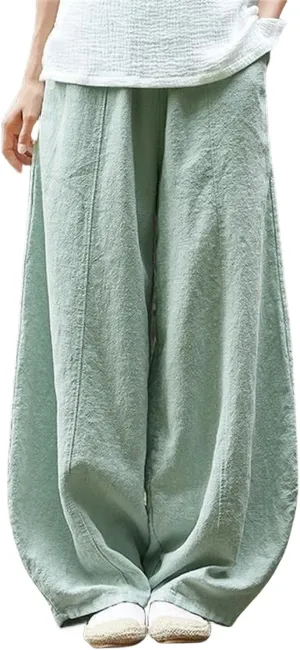 Womens Cotton Linen Baggy Pants Elastic Waist Loose Fit Lantern Pants Casual Summer Beach Pants Trousers Resort Wear