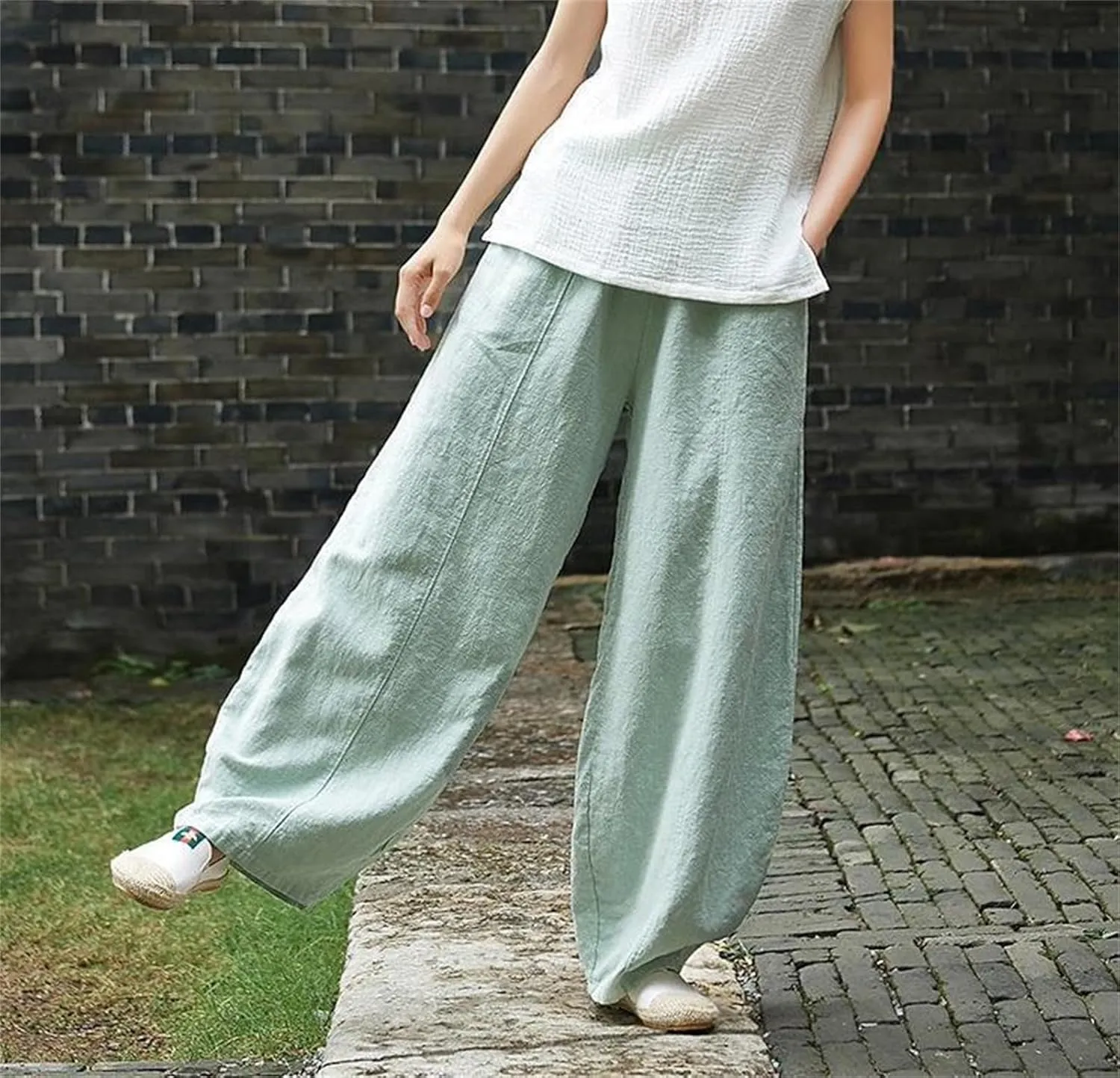 Womens Cotton Linen Baggy Pants Elastic Waist Loose Fit Lantern Pants Casual Summer Beach Pants Trousers Resort Wear