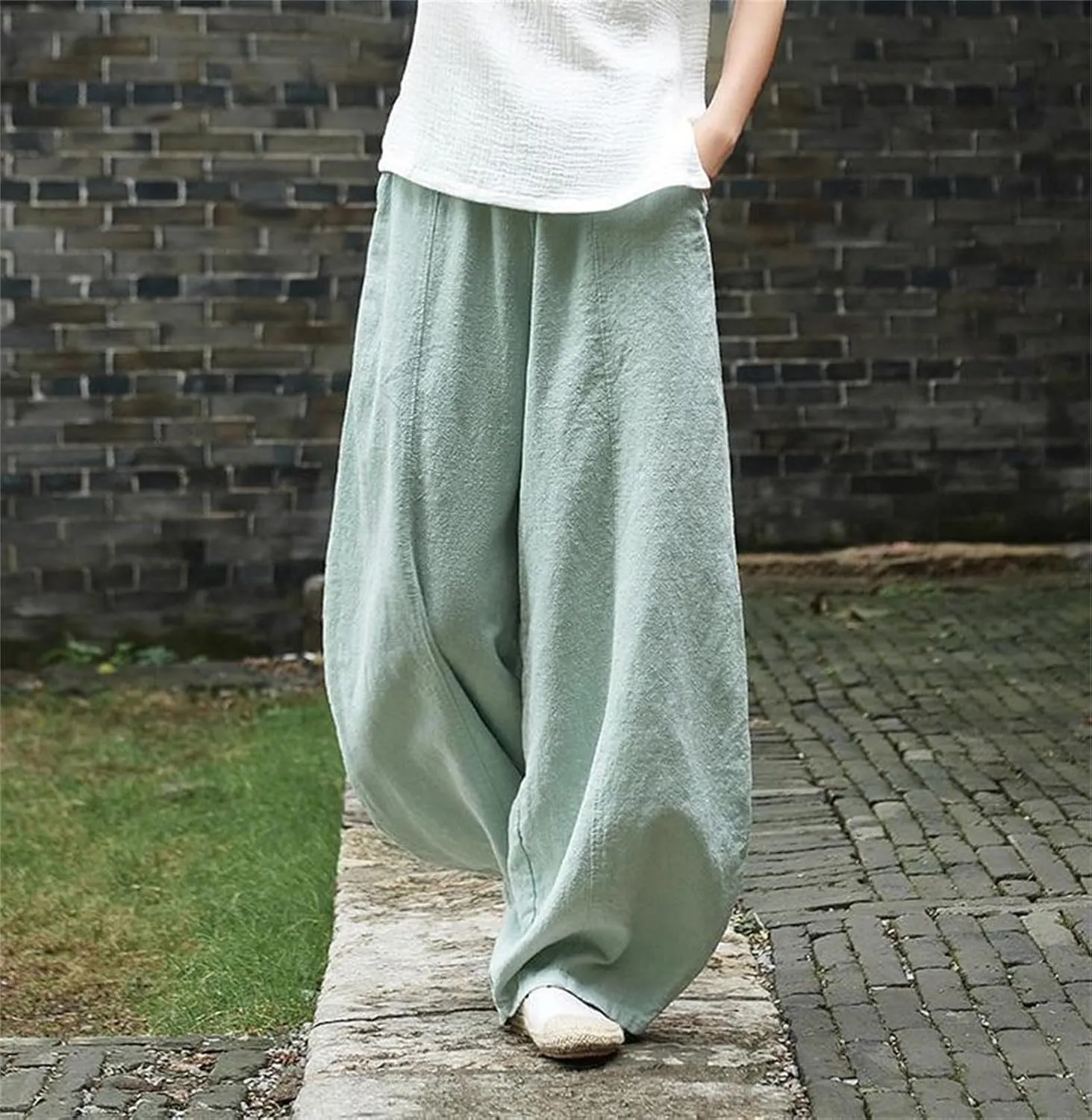 Womens Cotton Linen Baggy Pants Elastic Waist Loose Fit Lantern Pants Casual Summer Beach Pants Trousers Resort Wear