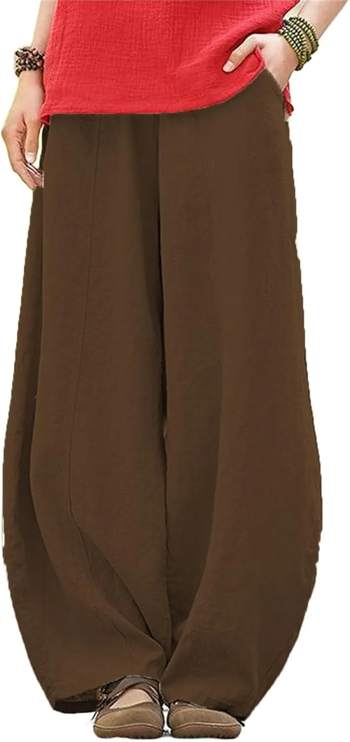 Womens Cotton Linen Baggy Pants Elastic Waist Loose Fit Lantern Pants Casual Summer Beach Pants Trousers Resort Wear