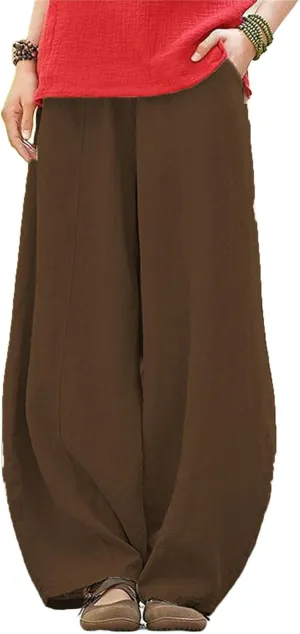 Womens Cotton Linen Baggy Pants Elastic Waist Loose Fit Lantern Pants Casual Summer Beach Pants Trousers Resort Wear