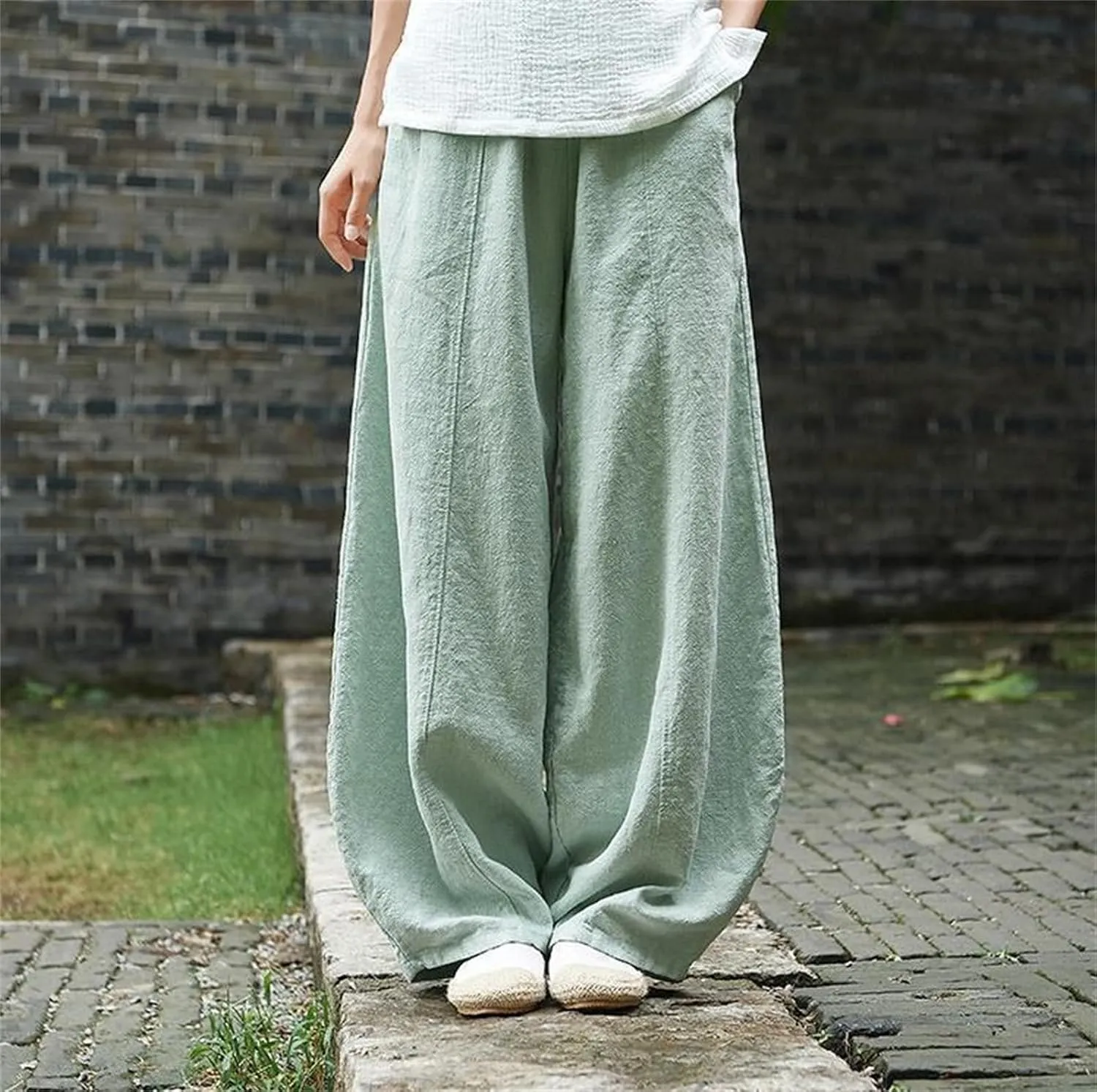 Womens Cotton Linen Baggy Pants Elastic Waist Loose Fit Lantern Pants Casual Summer Beach Pants Trousers Resort Wear
