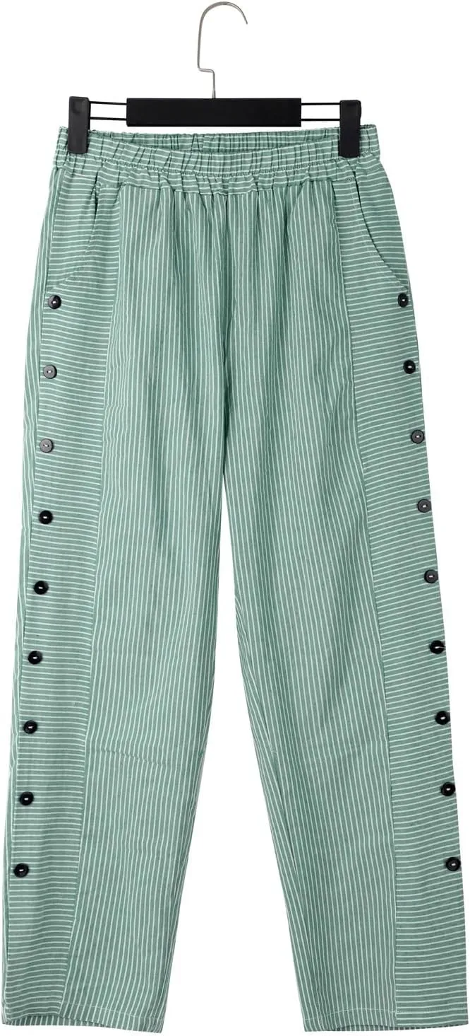 Women's Cotton Linen Pants Lightweight Quick Dry Palazzo Pants Casual Elastic Waist Lounge Crop Pants Trousers Pocket