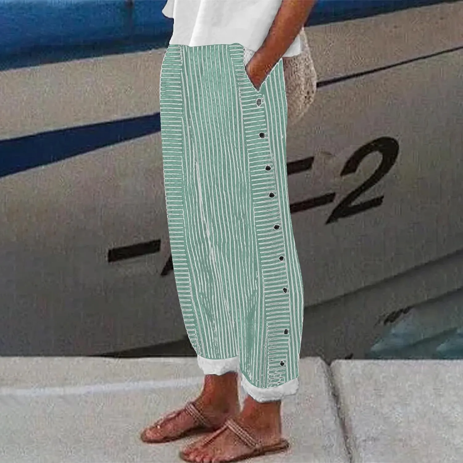 Women's Cotton Linen Pants Lightweight Quick Dry Palazzo Pants Casual Elastic Waist Lounge Crop Pants Trousers Pocket