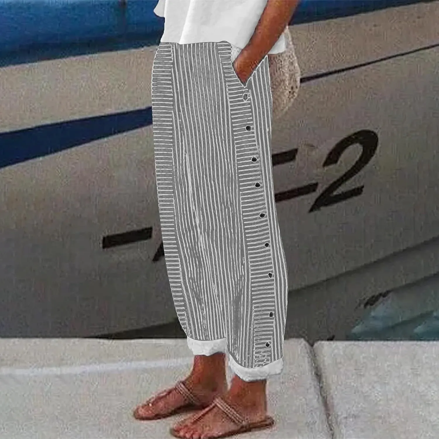 Women's Cotton Linen Pants Lightweight Quick Dry Palazzo Pants Casual Elastic Waist Lounge Crop Pants Trousers Pocket