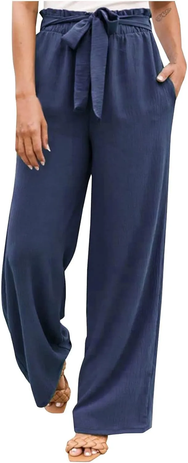 Women's Cotton Linen Summer Casual Flowy Pant Trousers High Waist Stretchy Straight Plus Size Pant
