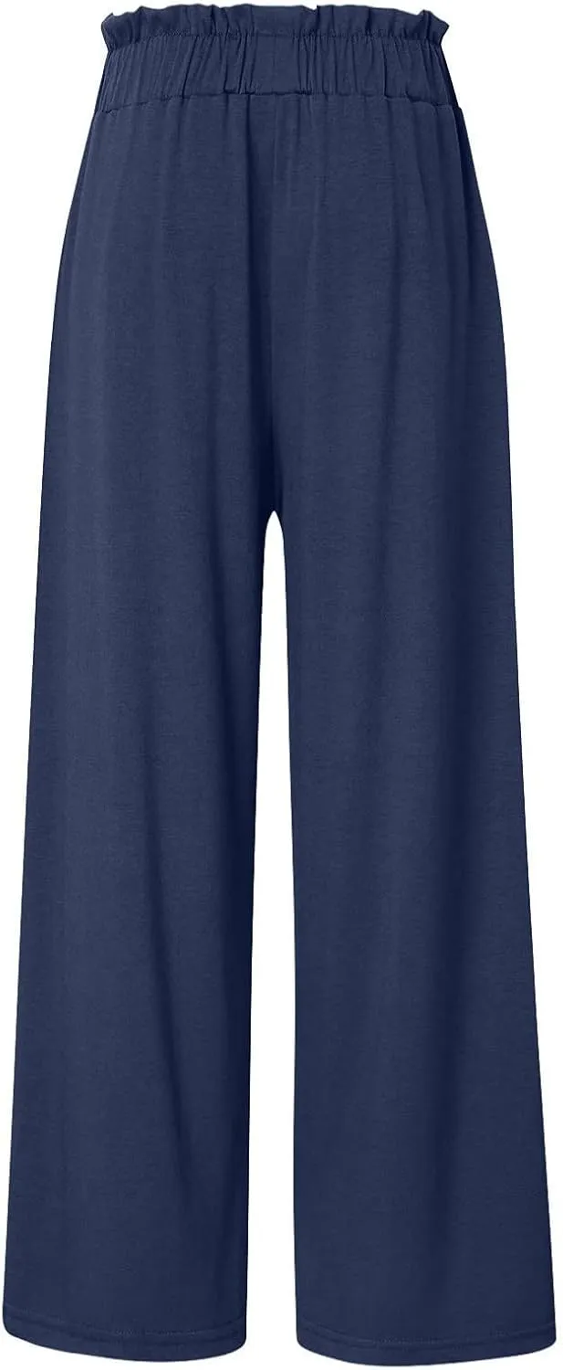 Women's Cotton Linen Summer Casual Flowy Pant Trousers High Waist Stretchy Straight Plus Size Pant