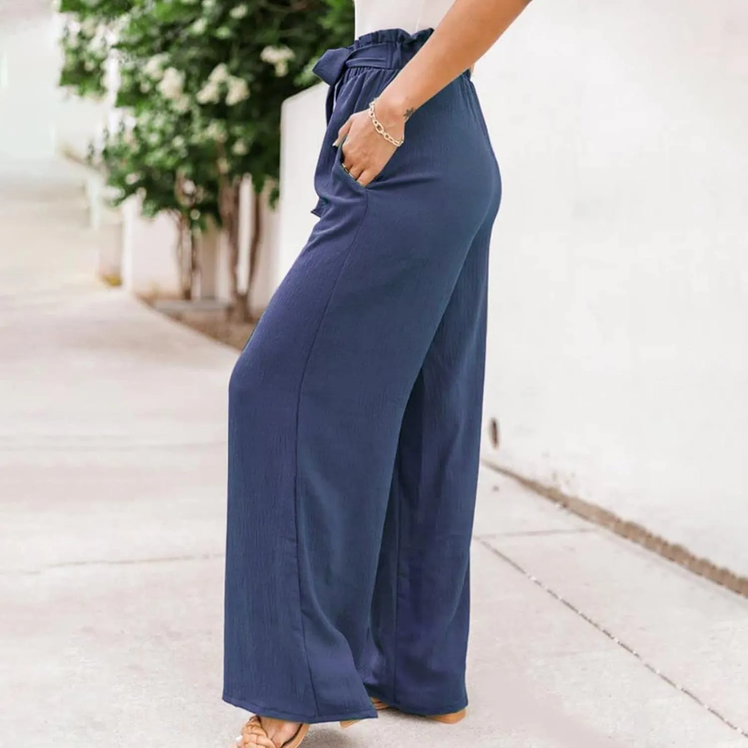 Women's Cotton Linen Summer Casual Flowy Pant Trousers High Waist Stretchy Straight Plus Size Pant