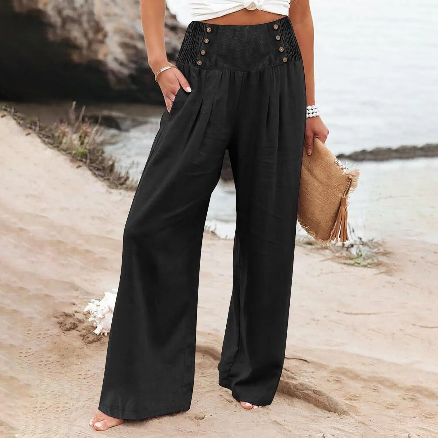 Womens Cotton Linen Summer Flowy Pants High Waist Wide Leg Slim Fit Palazzo Pants Travel