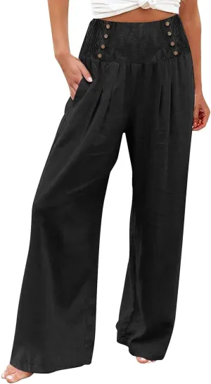 Womens Cotton Linen Summer Flowy Pants High Waist Wide Leg Slim Fit Palazzo Pants Travel