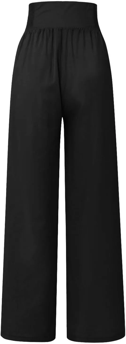 Womens Cotton Linen Summer Flowy Pants High Waist Wide Leg Slim Fit Palazzo Pants Travel