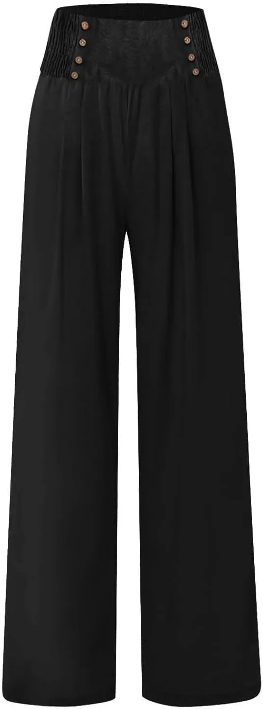 Womens Cotton Linen Summer Flowy Pants High Waist Wide Leg Slim Fit Palazzo Pants Travel