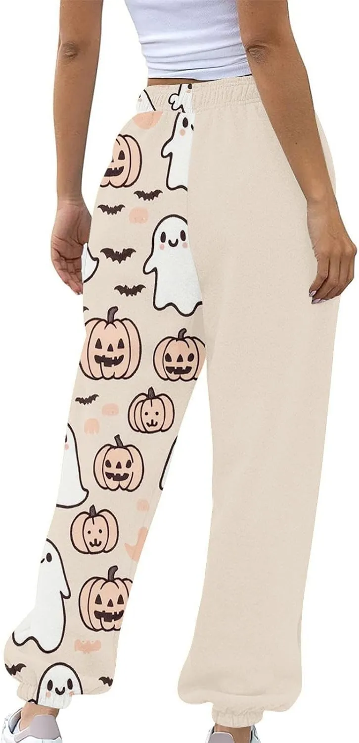 Womens Halloween Sweatpants Trendy Funny Print Drawstring Waist Wide Leg Pants Work Loose Pocket Lounge Joggers