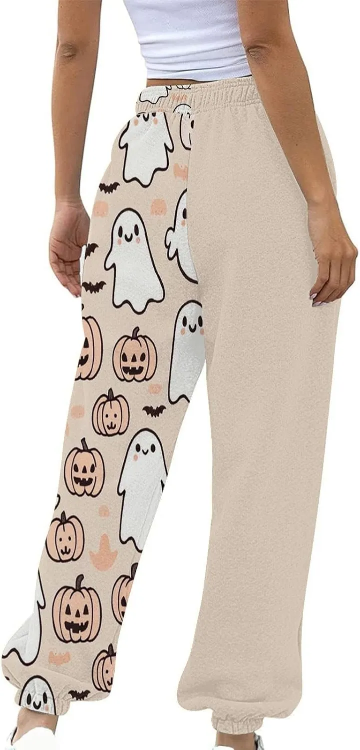Womens Halloween Sweatpants Trendy Funny Print Drawstring Waist Wide Leg Pants Work Loose Pocket Lounge Joggers
