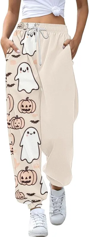 Womens Halloween Sweatpants Trendy Funny Print Drawstring Waist Wide Leg Pants Work Loose Pocket Lounge Joggers