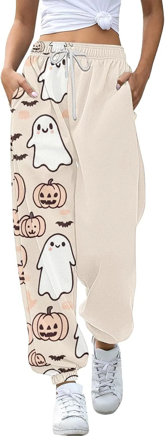 Womens Halloween Sweatpants Trendy Funny Print Drawstring Waist Wide Leg Pants Work Loose Pocket Lounge Joggers