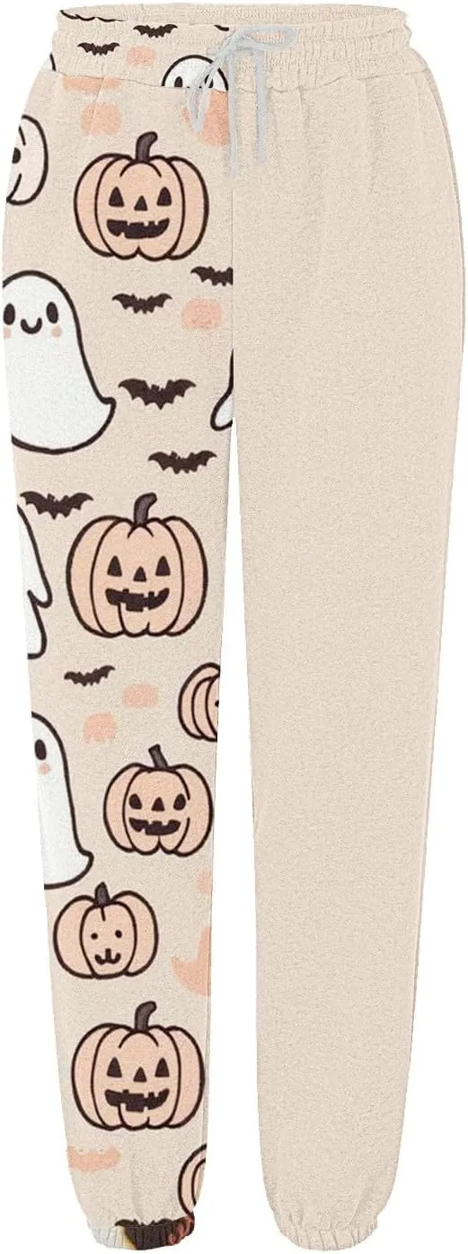 Womens Halloween Sweatpants Trendy Funny Print Drawstring Waist Wide Leg Pants Work Loose Pocket Lounge Joggers