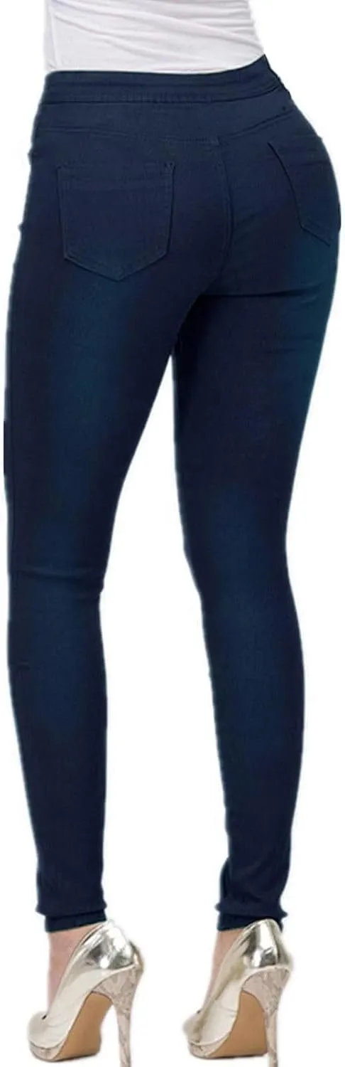 Women's Jeggings with Pockets, Skinny Fit Denim Look, High Waisted Stretchy Pull On Pants, Full-Length & Capri