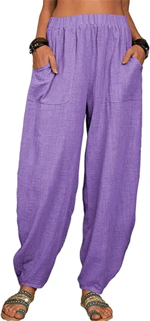 Womens Linen Blend Summer Baggy Pants High Waist Wide Leg Slim Fit Pant Trousers Trendy