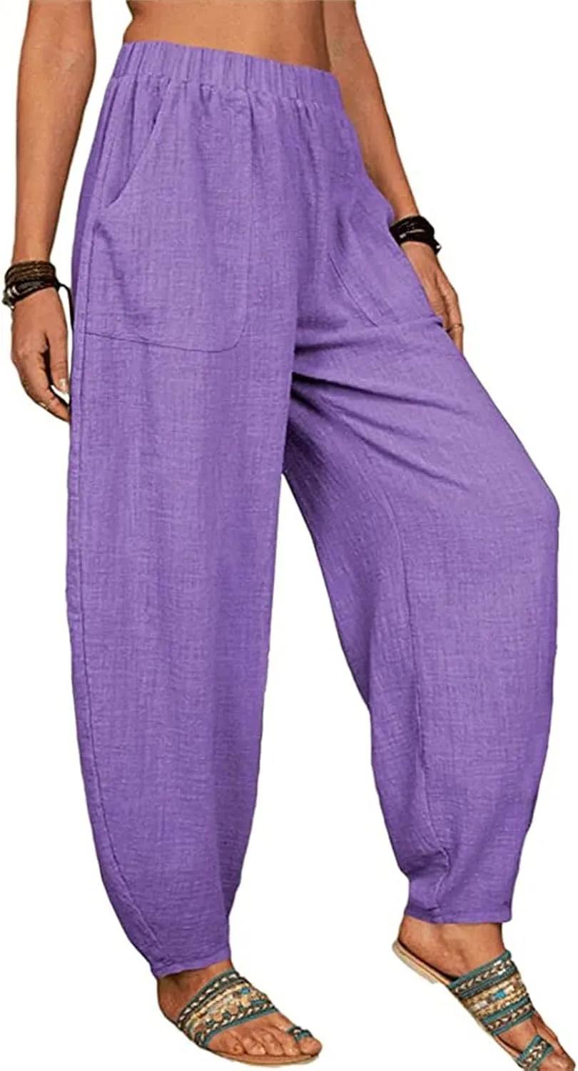 Womens Linen Blend Summer Palazzo Palazzo Lounge Pants Elastic Waisted Baggy Stretchy Loose Fit Trousers Vacation