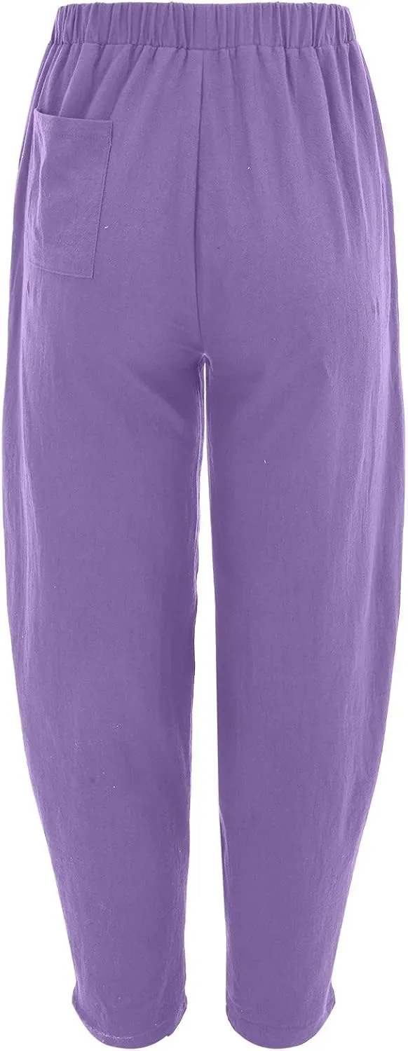 Womens Linen Blend Summer Palazzo Palazzo Lounge Pants Elastic Waisted Baggy Stretchy Loose Fit Trousers Vacation