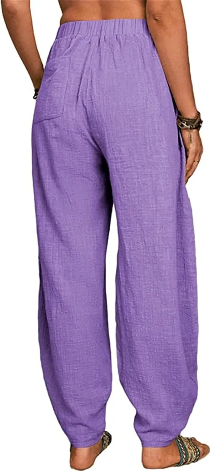 Womens Linen Blend Summer Palazzo Palazzo Lounge Pants Elastic Waisted Baggy Stretchy Loose Fit Trousers Vacation
