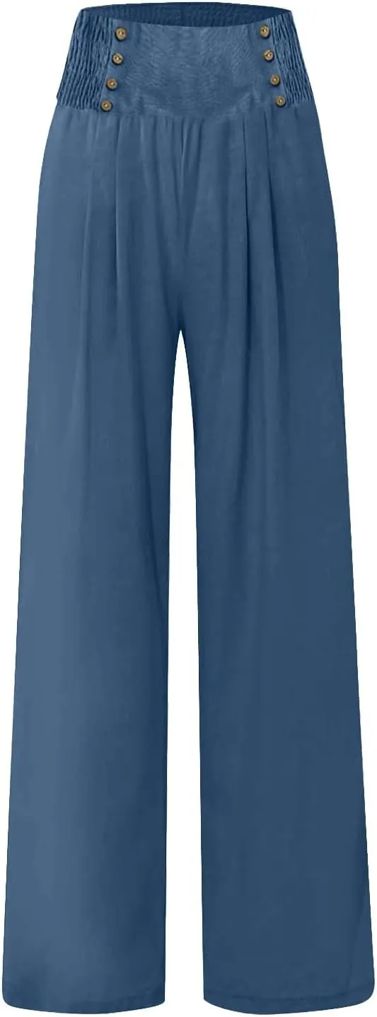 Womens Linen Blend Summer Print Palazzo Pants Low Waist Ankle Length Loose Fit Trouser Business Work
