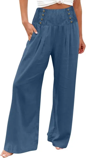 Womens Linen Blend Summer Print Palazzo Pants Low Waist Ankle Length Loose Fit Trouser Business Work