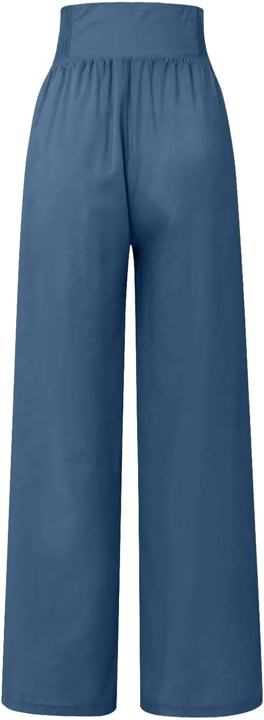 Womens Linen Blend Summer Print Palazzo Pants Low Waist Ankle Length Loose Fit Trouser Business Work