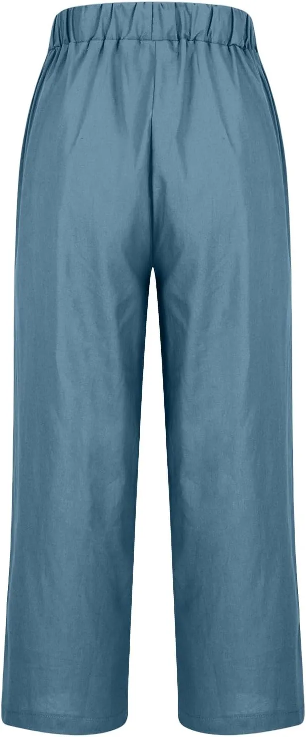 Womens Linen Pants 2025 Summer Cotton Linen Elastic High Waist Straight Leg Plus Size Casual Trousers with Pockets