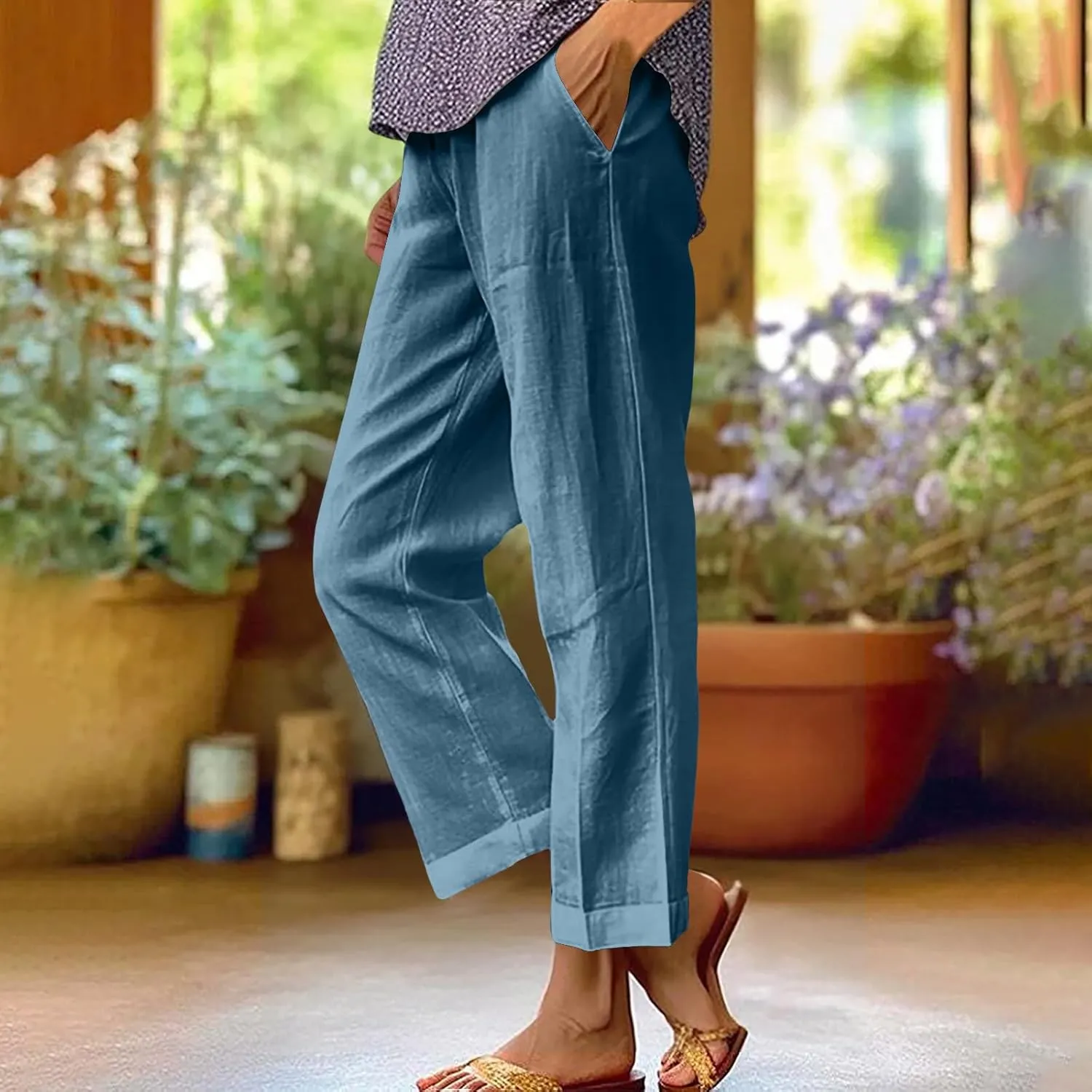 Womens Linen Pants 2025 Summer Cotton Linen Elastic High Waist Straight Leg Plus Size Casual Trousers with Pockets