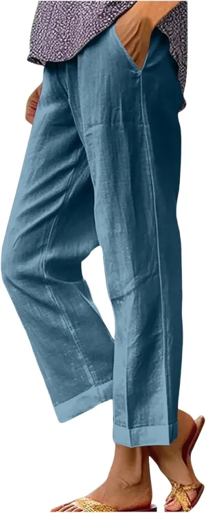 Womens Linen Pants 2025 Summer Cotton Linen Elastic High Waist Straight Leg Plus Size Casual Trousers with Pockets