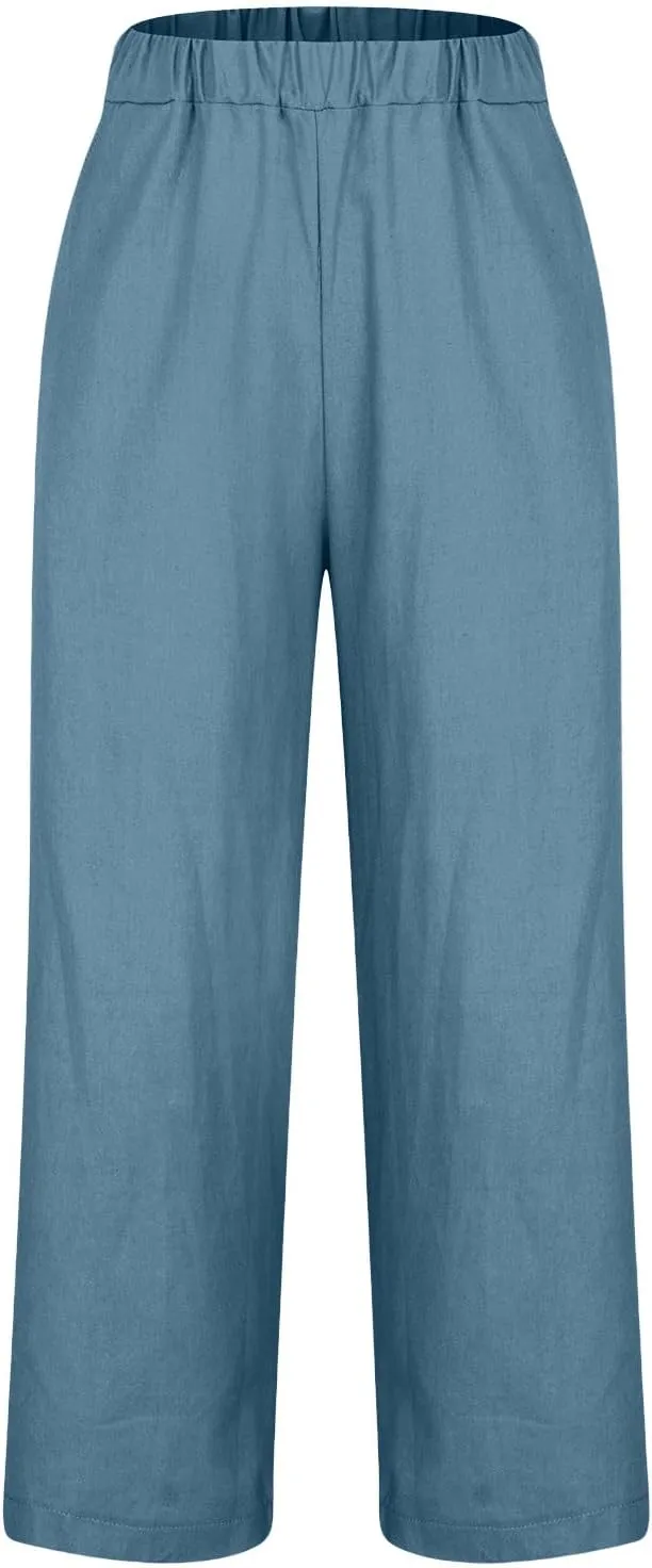 Womens Linen Pants 2025 Summer Cotton Linen Elastic High Waist Straight Leg Plus Size Casual Trousers with Pockets