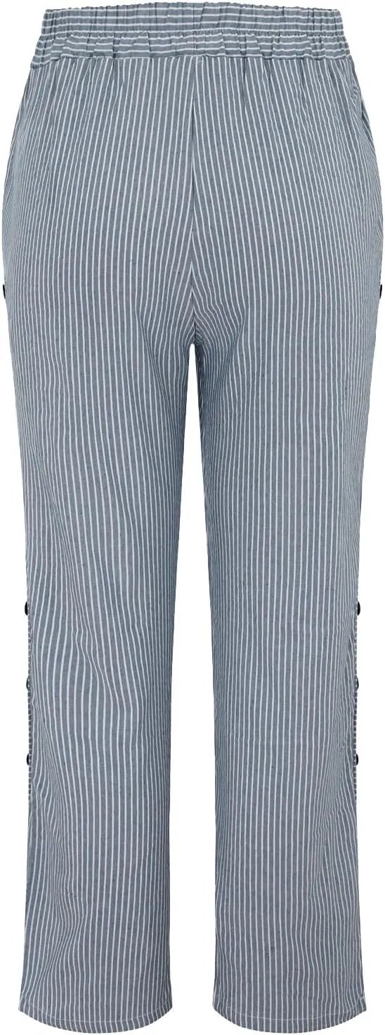 Womens Linen Pants with Pockets Loose Elastic High Waisted Comfy Beach Trousers Striped Side Button Casual Pants