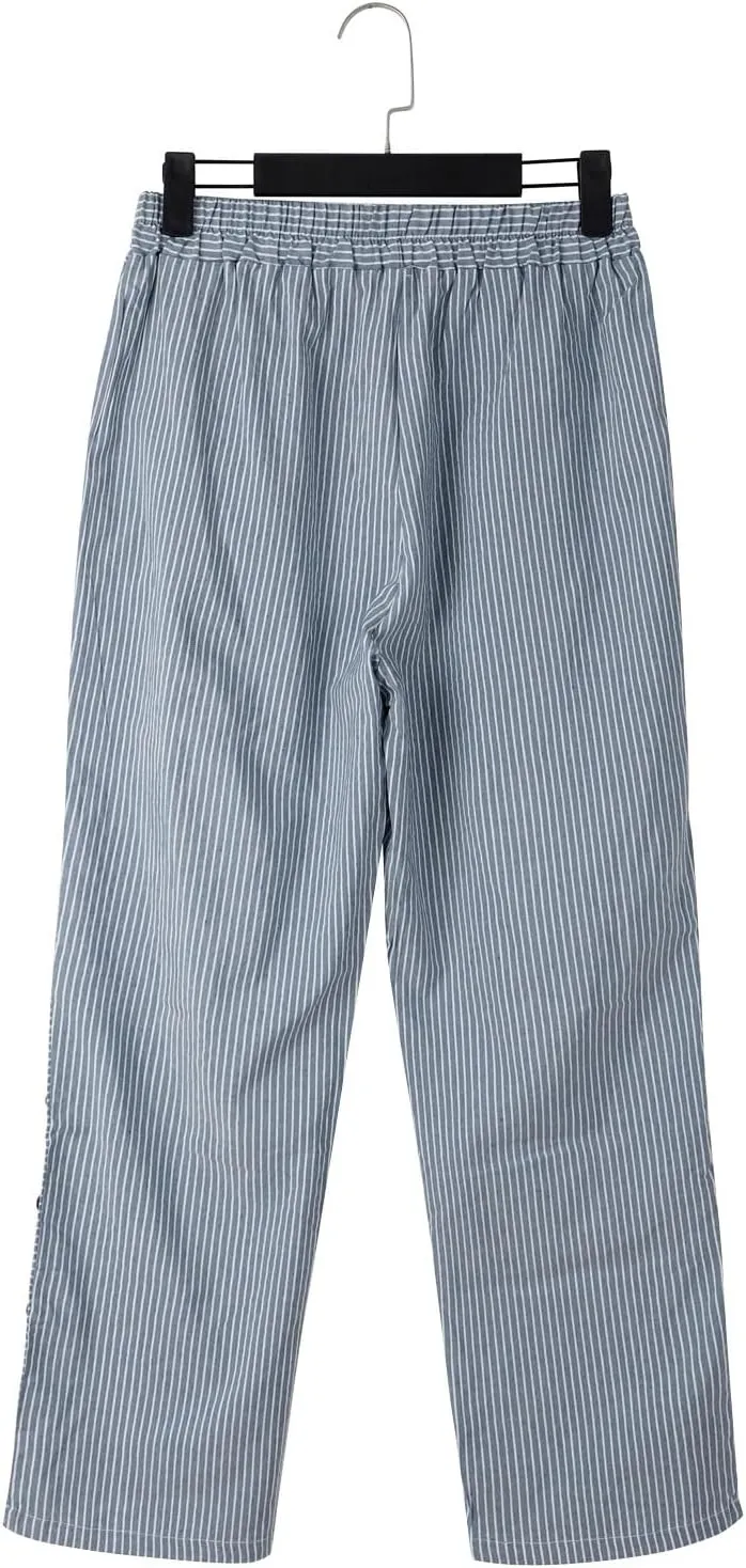 Womens Linen Pants with Pockets Loose Elastic High Waisted Comfy Beach Trousers Striped Side Button Casual Pants