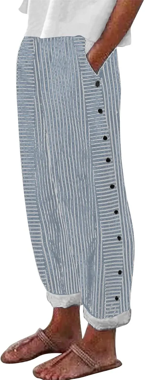 Womens Linen Pants with Pockets Loose Elastic High Waisted Comfy Beach Trousers Striped Side Button Casual Pants