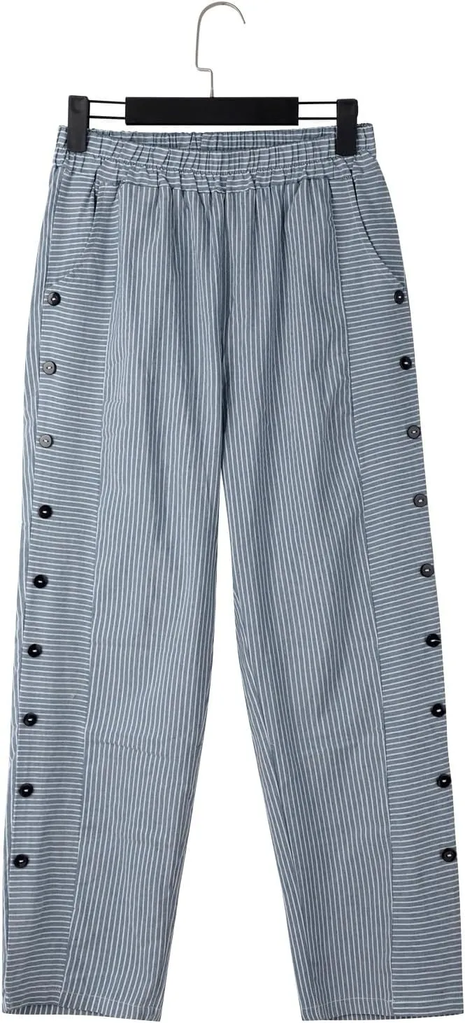 Womens Linen Pants with Pockets Loose Elastic High Waisted Comfy Beach Trousers Striped Side Button Casual Pants