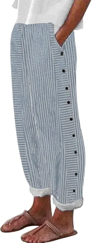 Womens Linen Pants with Pockets Loose Elastic High Waisted Comfy Beach Trousers Striped Side Button Casual Pants
