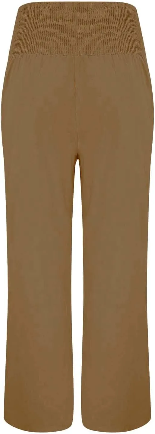 Womens Linen Summer Casual Flowy Pant Trousers High Waist Long Lounge Loose Fit Palazzo Lounge Pants Office