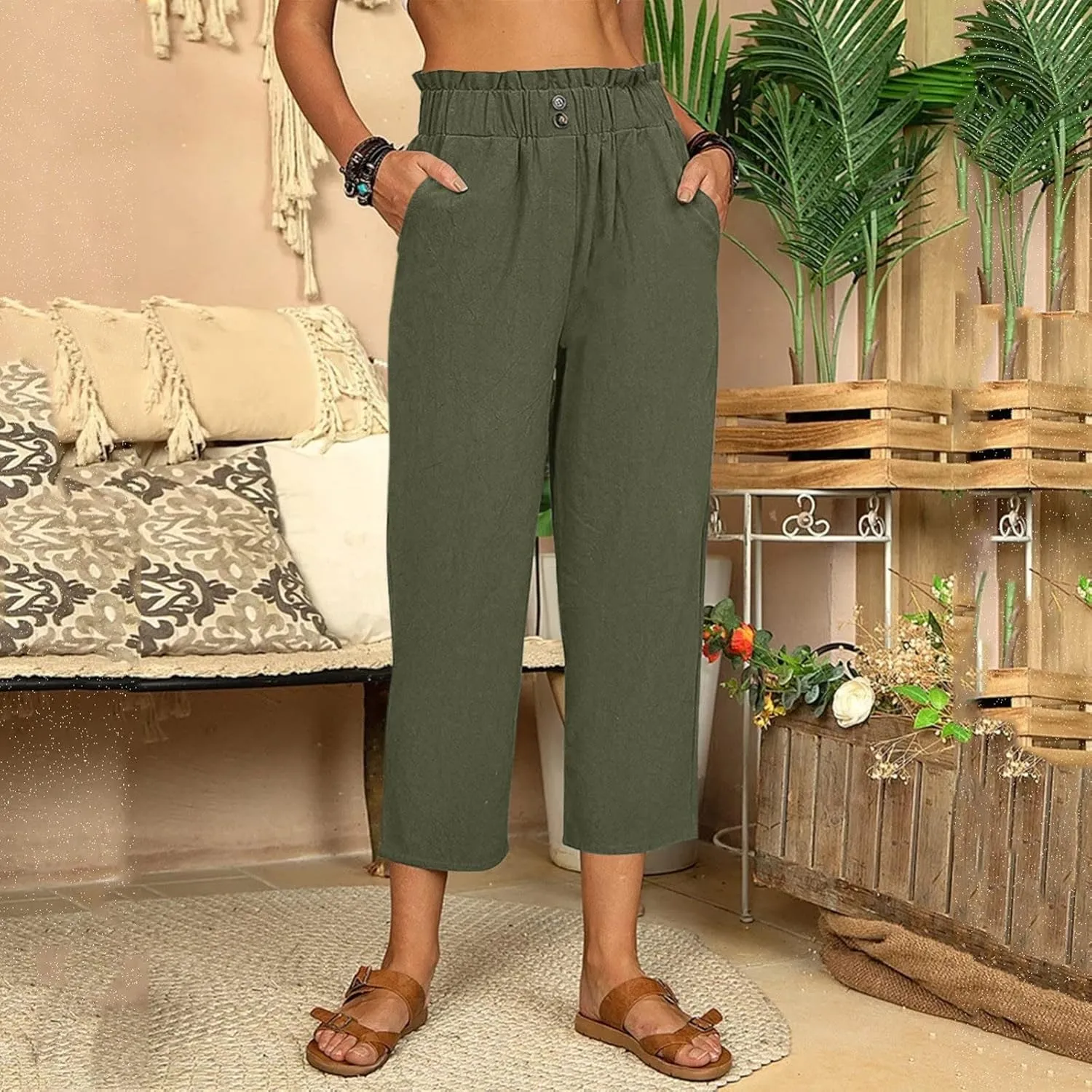 Womens Linen Summer Letter Patched Palazzo Pants High Waist Wide Leg Plus Size Palazzo Lounge Pants Vacation
