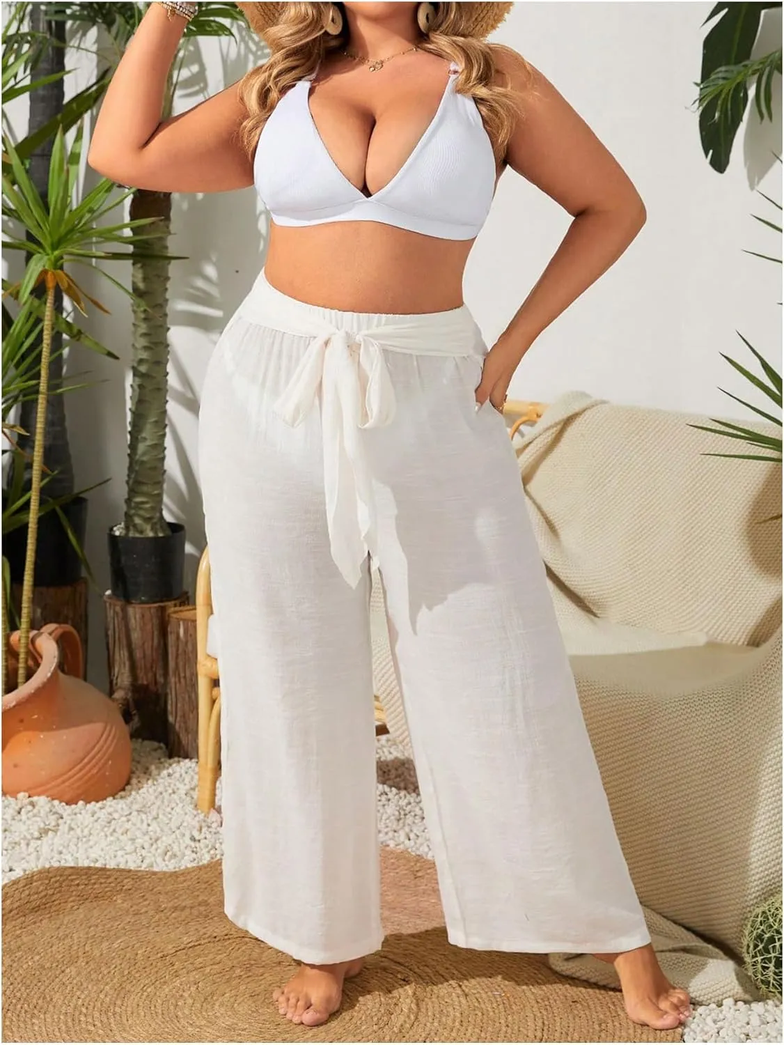 Women's Plus Size Swimsuit Coverups Tie Front Bikini Cover Up Beach Pants Bathing Suit Cover Up Pants