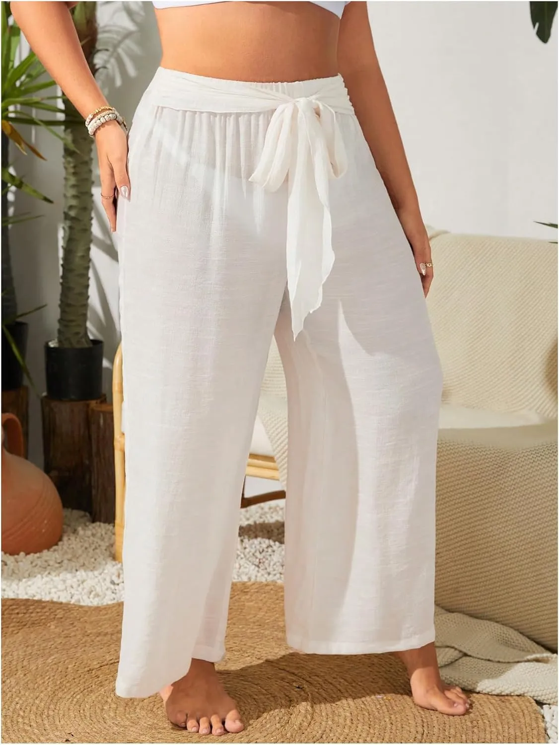 Women's Plus Size Swimsuit Coverups Tie Front Bikini Cover Up Beach Pants Bathing Suit Cover Up Pants