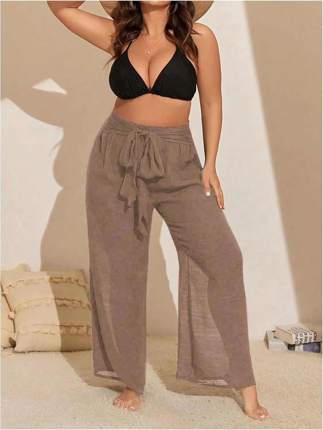 Women's Plus Size Swimsuit Coverups Tie Front Bikini Cover Up Beach Pants Bathing Suit Cover Up Pants